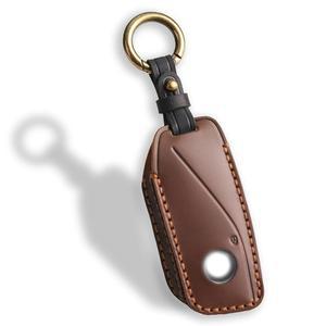 [미국배송] 2023-2025 BMW 7 시리즈 740 /760I I5 I7 IX X1 X5 X6 X7 XM(브라운 가죽)과 호환되는 정품 가죽 키 포브 커버 U2013 럭셔리 보호 케이스(QBUC)