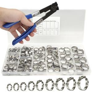 170개 단일 이어 스텝리스 호스 클램프 - 7-21mm 304 스테인리스 스틸 크림프 링 파이프 클립 세트+ 플라이