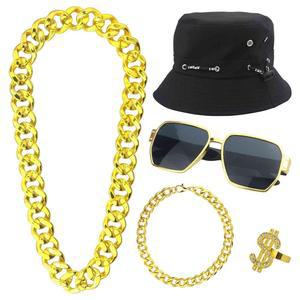 남성 보이를 위한 힙합 의상 키트 - 80년대 90년대 래퍼 테마 파티장식 세트 5pcs 올드 스쿨 할로윈 악세사리