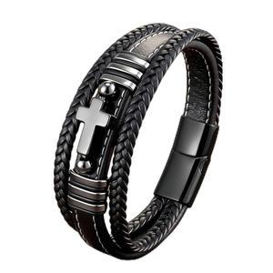 남성 VA JENT 크로스 가죽 팔찌 레이어 땋은 기념 손목 밴드 뱅글 스테인리스 스틸 버클 종교 활동 명절 선물