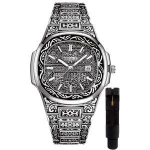 남성 HUNRUY 빈티지 시계 쿼츠 타투 패턴 각인 스테인리스 스틸 팔찌 방수 손목시계