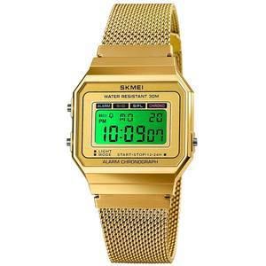 고사사 클래식 유니 여성 디지털 다기능 스포츠 시계 스테인리스 스틸 밴드 사각 방수 전자 LED