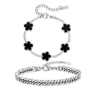 남성 여성 VNOX 꽃 팔찌 2개 - 스테인리스 스틸 골드 쿠바 체인 링크 럭키 참 4개 클로버 트렌디한 주얼리 선물