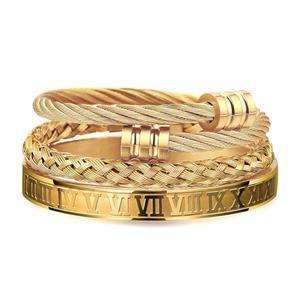 남성 WFYOU 3PCS 스테인리스 스틸 팔찌 골드 로마 숫자 뱅글 트위스트 케이블 조절가능 커프 고급 보석 선물