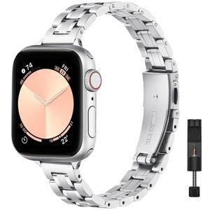 38mm 40mm 41mm 42mm(시리즈 11 10) 스테인리스 스틸 메탈 손목밴드 여성 iWatch 울트라 SE 시리즈 9 8 7 6 5 4 3 2 1 실버에 호환 스티롤 얇은 교체 밴드