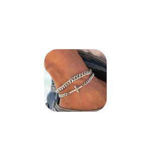 남성 모스플로르 크로스 브레이슬릿 실버 / 골드 블랙 스택 스테인리스 스틸 쿠바 링크 체인 세트 변색 방지 조절가능 청키 주얼리 선물 아버지의