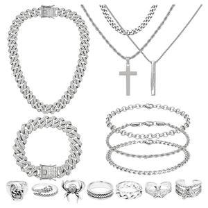 NEWITIN 15피스 실버 주얼리 세트 남성 스테인리스 스틸 쿠바 링크 목걸이 팔찌 크로스 펜던트 빈티지