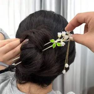 진주꽃 장식 U자형 헤어핀 전통 한복 비녀 머리장식 코사지