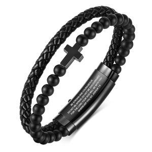 남성 팔찌 크리스마스 선물 - 더블 로우 블랙 땋은 가죽 스테인리스 스틸 크로스 성경 구절 주얼리 오닉스 비즈 크리스천용 종교