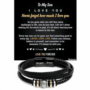 남성 블랙 땋은 가죽 팔찌 스테인리스 스틸 각인 러브 유 포에버 주얼리 퍼펙트 또는 아빠 남편 아들 손자 조카에게 메시지 카드와 선물 상자가 함께 제공됩니다