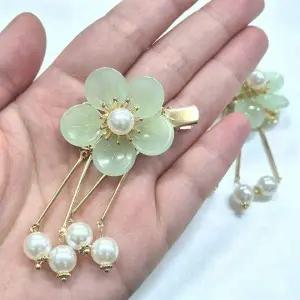 그린 플라워 진주 헤어 액세서리 한복 머리장식 핀