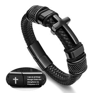 남성 블랙 크로스 커프 팔찌 필리핀인 4:13 스테인리스 스틸 땋은 가죽 성경 구절 영감 신앙 선물 아빠 형제 아들 종교 세례 확인