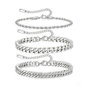 제마라 3Pcs 스테인리스 스틸 남성 팔찌 조절가능 견고한 실버 쿠바 체인 세트