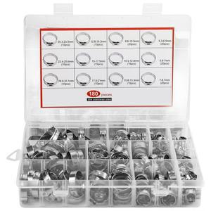 180개 단일 귀 호스 클램프 12가지 크기(5.3-33.1mm) 크림프 304 스테인리스 스틸 무단계 조절 링 키트