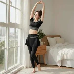 여성용 반팔 탑 치마 레깅스 필라테스 요가웨어 세트