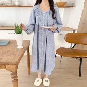 [유야]여성 면 플라워 단추 긴팔 원피스잠옷 파자마 -FHO0040- 봄 가을