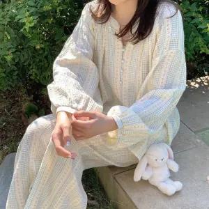 [유야]여성 면 브이넥 봄봄 패턴 긴팔잠옷 세트 홈웨어 -FHS0074- 봄 가을