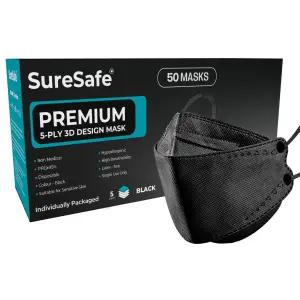 SURESAFE [50팩] 3D 마스크 - 블랙 일회용 5겹 윤곽 물고기 모양 라텍스 프리 및 통기성 디자인
