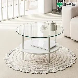[파란들][착불배송] 파란들 원형 800 강화유리 화이트선반 2단 소파테이블 거실테이블