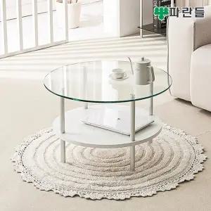 [착불배송] 파란들 원형 800 강화유리 화이트선반 2단 소파테이블 ...