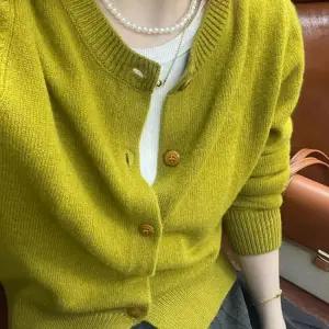 올리브 그린 가디건 여성용 라운드넥 니트 카디건 봄 가을 아우터 캐시미어 스웨터 재킷