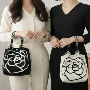 사러왕여성 미니 토트백 장미 니트가방 플라워 패턴 데일리백 버킷백 손가방 핸드폰가방 선물