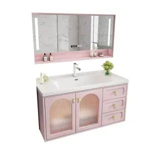 핑크 컬러 캐비닛 하부장 화장실 세면대 수납 서랍장 거울 욕실