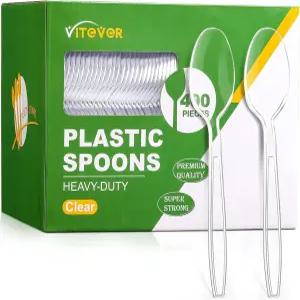 [400 카운트] 헤비 듀티 플라스틱 스푼 프리미엄 일회용 파티용 내구성 식기 피크닉 대규모 이벤트 일상