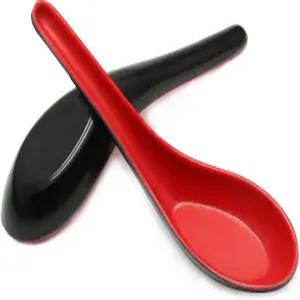 시오니스 2PCS 아시안 수프 스푼 중국식 일본 된장 라면 완탕 만두 쌀국수 소바 빨간색 및 검은색 멜라민