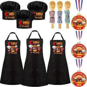 오가케이지 12개 칠리 쿡 오프 셰프 상 세트 피에스타 트로피 상에는 요리 앞치마 모자 스푼이 포함되어