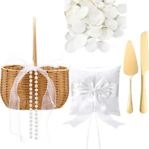 아셀레직 4팩 플라워 걸 바구니 링 베어러 베개 300개 실크 꽃잎 및 금 케이크 커팅 진주 손잡이가 달린