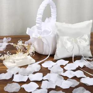 링 베어러 베개 - 플라워 걸 바구니 웨딩 및 세트 인조 흰색 보리 로즈 꽃잎 500개 요정 꽃 머리띠