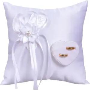 결혼식 파티 기념 세로모니를 위한 EUBUY 웨딩 링 베개 7.9 x 인치 보리 새틴 쿠션 펄 보우 포함