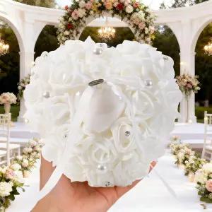 팅쿠 우아한 화이트 로즈 링 베어러 베개 - 진주와 리본 활이 달린 하트 모양의 꽃 쿠션 결혼식 및 약혼