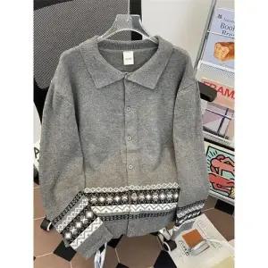 남친 니트 가을 빈티지 캐주얼 칼라넥 자카르 카디건 스웨터 트렌드 터틀넥 저지 패피3