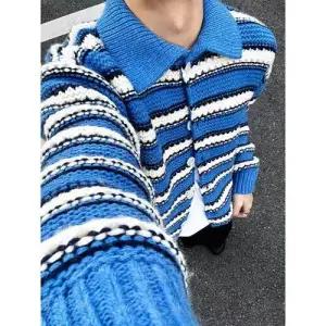 남성용 니트 빈티지 굵은 터틀넥 상의 스트라이프 칼라넥 카디건 패피1