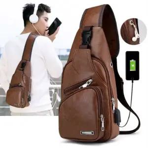 남성 슬링백 이어폰 레트로 레더백 가죽슬링백 크로스 남자가죽가방 USB가방 이어폰홀가방