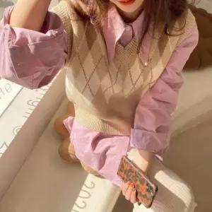 여성 아가일 레이어드 니트조끼 브이넥 니트 베스트