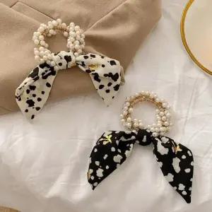 진주 리본매듭 헤어끈 얼룩무늬 패턴 포인트 헤어밴드 진주 매듭 헤어끈 얼룩무늬