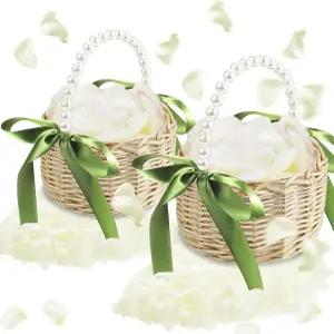 결혼식 신부 기념 파티 장식용 진주 손잡이와 활 요정 꽃바구니가 있는 2PCS 위커 라탄 꽃 소녀 바구니