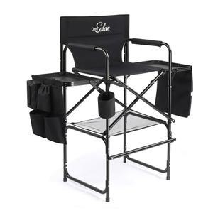 사이드 테이블 수납 가방이 있는 오마이살론 톨 폴딩 디렉터 의자, 알루미늄 프레임 300파운드 용량, 휴대용 메이크업 아티스트 바 높이, 19.7인치 D x 24.6인치 W x 45.7인치 H(블랙)