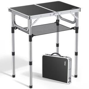 안베 접이식 캠핑 테이블, 알루미늄 24인치 x 16인치 높이 조절 가능 소형 휴대용 손잡이, 가볍고 야외 실내 피크닉 비치 바비큐(블랙)용 방수 기능 제공