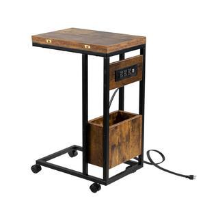 충전소와 접이식 테이블탑이 있는 하둘셋 C형 엔드 테이블, 수납장이 TV 트레이 소파용 노트북 C 거실 침실 작은 공간, 러스틱 브라운