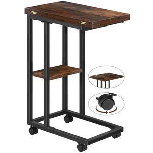 MEINV 접이식 작은 사이드 테이블 - 수납 선반과 바퀴가 있는 C자형 소파 엔드 테이블, 거실 침실 침대 옆 의자 공간 소박한 갈색