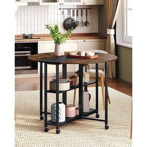 초에존 접이식 식탁, 6개의 바퀴가 달린 주방 2겹 수납 선반이 있는 원형 작은 공간을 위한 공간 절약 안정적이고 간편한 조립, 소박한 갈색 TCZ03BF