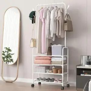 4단 모자 선반 이동식 165cm 일체형 걸이 스탠드 화이트 행거 가방 원목