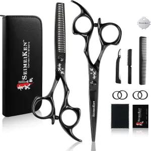 세이메이켄 6인치 블랙 헤어 가위 전문가용 커팅 및 얇아진 - 일본산 SUS440C 스테인리스 스틸 이발 살롱