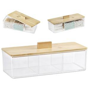제살로 클리어 욕실 서랍 정리함 - 3개의 분할 수납 공간과 뚜껑이 있는 면봉 홀더, 방수 투명 소형 플라스틱 보관 용기, 베니티 메이크업 정리함