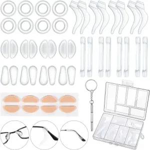 50개 안경 보관함 세트 12쌍 미끄럼 방지 접착 코 패드 4개 원형 이어 그립 실리콘 후크 홀더 수리용 템플