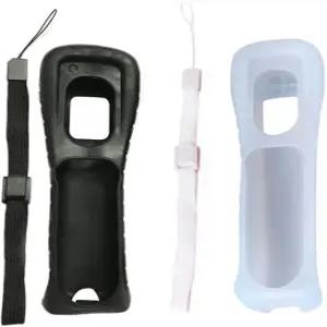 Wii 리모컨용 손목 스트랩이 있는 실리콘 스킨 케이스 커버(화이트 + 블랙)